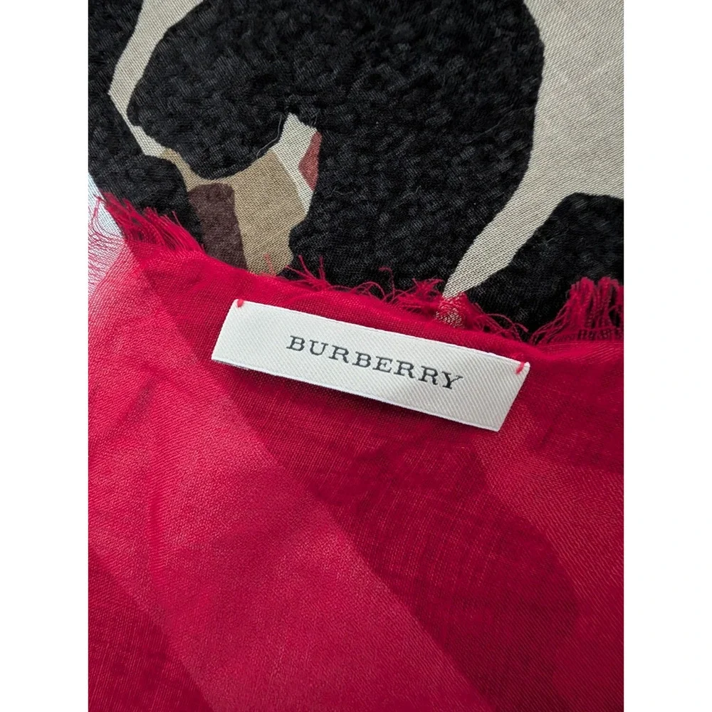 Burberry Leopard Cheetah Animal Print Red Silk Blend Scarf Italy Fringe Large